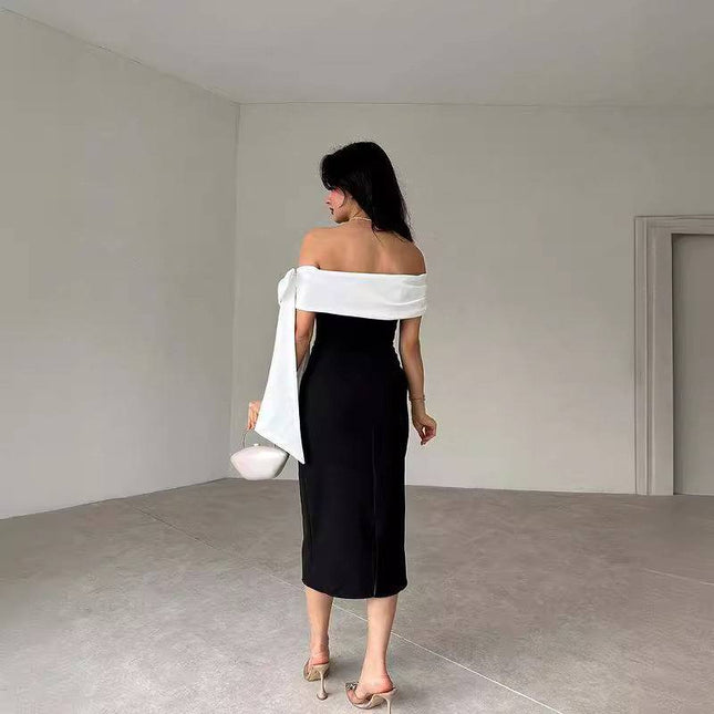 Women's Off-shoulder Bow Black And White Color Matching Elegant Cocktail Dress - Royalessencelux