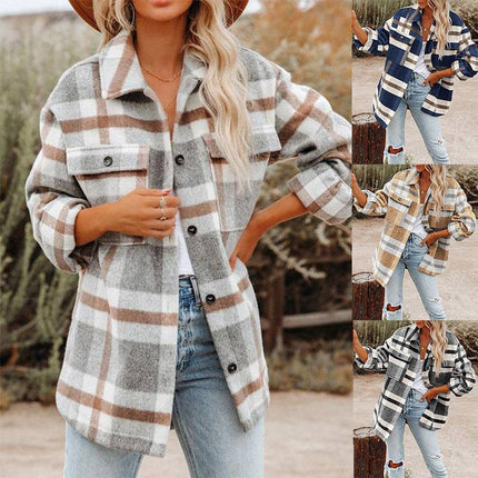 Plaid Button Flannel Woolen Shirt - Royalessencelux