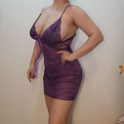 Plus Size Lace Strappy Low-cut Pajamas See-through - Royalessencelux