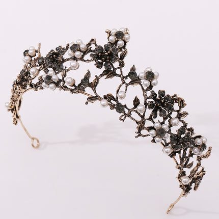 Floral Black Diamond Pearl Baroque Bridal Crown Wedding Tiara Accessories - Royalessencelux