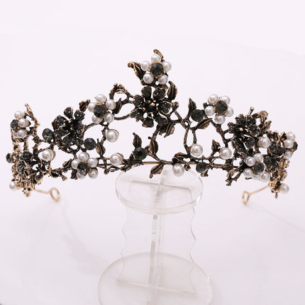 Floral Black Diamond Pearl Baroque Bridal Crown Wedding Tiara Accessories - Royalessencelux