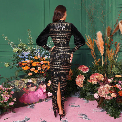 Long Sleeve Round Neck Sequins Slit Evening Dress - Royalessencelux