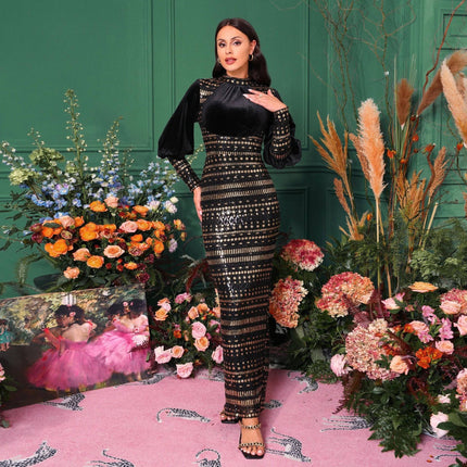 Long Sleeve Round Neck Sequins Slit Evening Dress - Royalessencelux