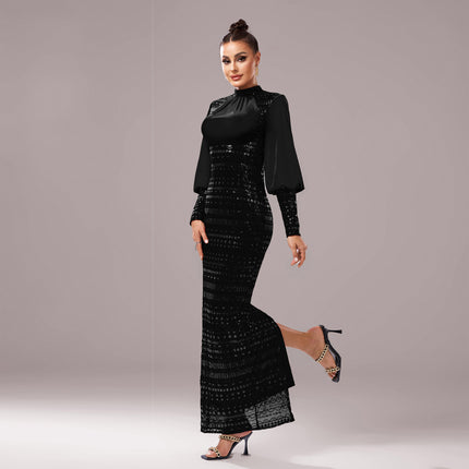 Long Sleeve Round Neck Sequins Slit Evening Dress - Royalessencelux