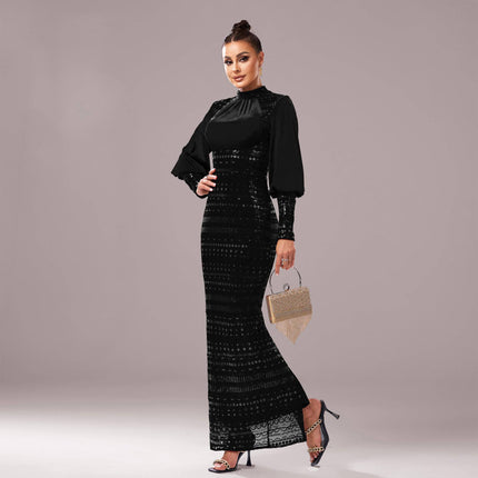 Long Sleeve Round Neck Sequins Slit Evening Dress - Royalessencelux