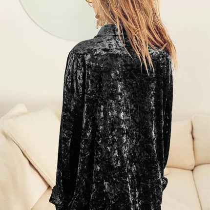 BiBi Button Up Long Sleeve Velvet Shirt - Royalessencelux
