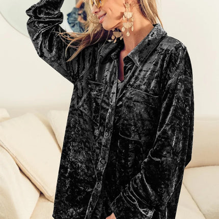 BiBi Button Up Long Sleeve Velvet Shirt - Royalessencelux