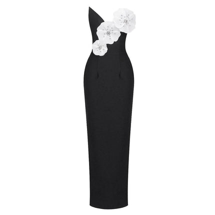 Black Backless Bandage Chest White Exquisite Flower Decorative Dress For Women Dress - Royalessencelux