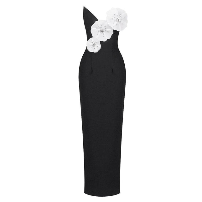 Black Backless Bandage Chest White Exquisite Flower Decorative Dress For Women Dress - Royalessencelux