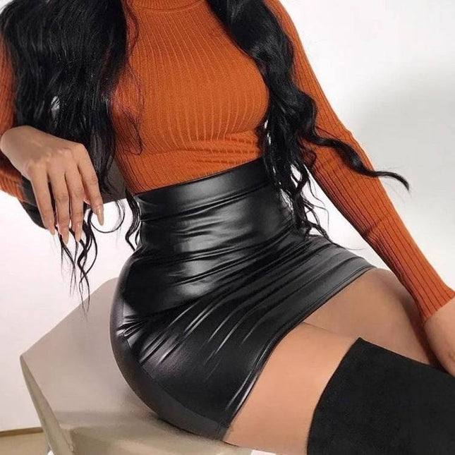Black High Waist Tight PU Leather Skirt - Royalessencelux
