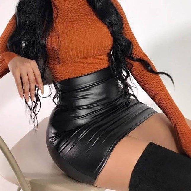 Black High Waist Tight PU Leather Skirt - Royalessencelux