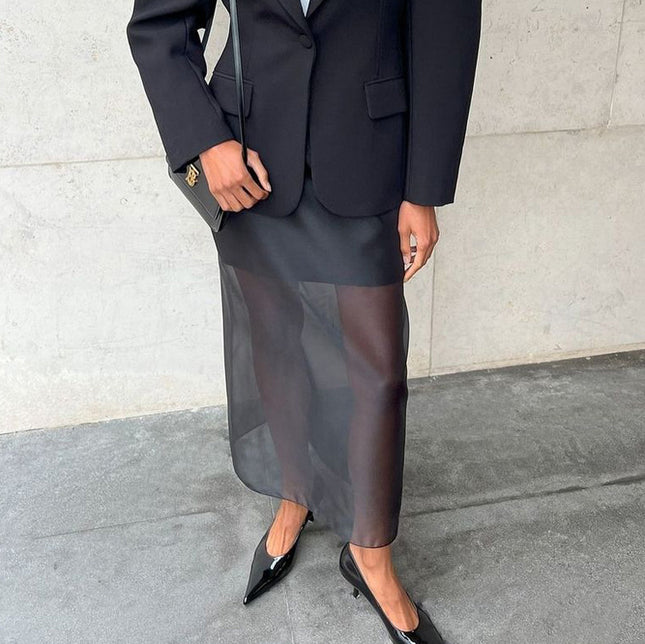 Black Mesh See-through High Waist Slit Sheath Skirt - Royalessencelux