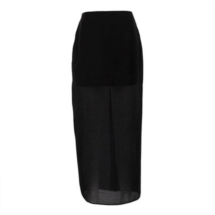 Black Mesh See-through High Waist Slit Sheath Skirt - Royalessencelux