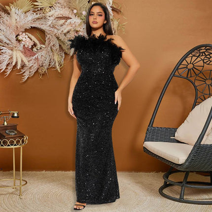 Black Paillette Feather Stitching Sequin Sexy Evening Dress Women - Royalessencelux