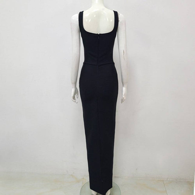 Black Sleeveless U-neck Rhinestone Elegant Slim Bandage DressEvening Dress - Royalessencelux