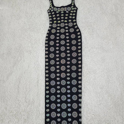 Black Sleeveless U-neck Rhinestone Elegant Slim Bandage DressEvening Dress - Royalessencelux