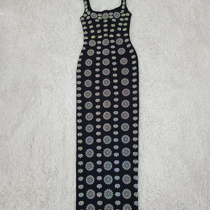 Black Sleeveless U-neck Rhinestone Elegant Slim Bandage DressEvening Dress - Royalessencelux