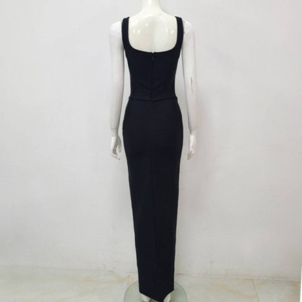 Black Sleeveless U-neck Rhinestone Elegant Slim Bandage DressEvening Dress - Royalessencelux