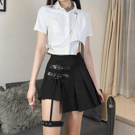 Dark Leg Ring Asymmetric High Waist Pleated Skirt Half-length Short - Royalessencelux