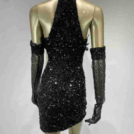 Dress Halter Feather Sequins Short Hip Skirt With Gloves Dress - Royalessencelux