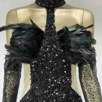 Dress Halter Feather Sequins Short Hip Skirt With Gloves Dress - Royalessencelux