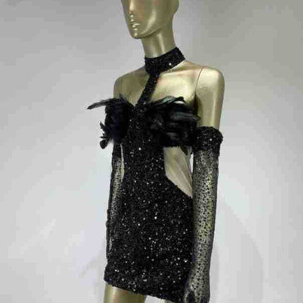 Dress Halter Feather Sequins Short Hip Skirt With Gloves Dress - Royalessencelux