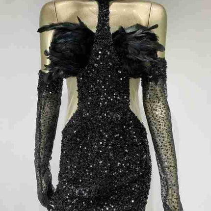 Dress Halter Feather Sequins Short Hip Skirt With Gloves Dress - Royalessencelux