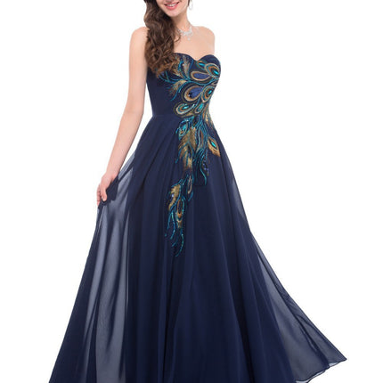 Embroidered Peacock Heart Collar Dress Chiffon - Royalessencelux