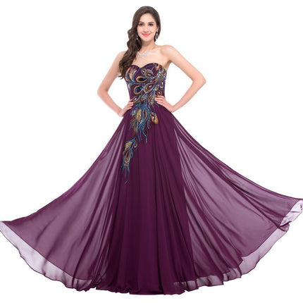 Embroidered Peacock Heart Collar Dress Chiffon - Royalessencelux