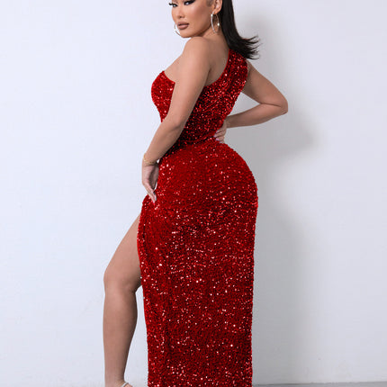 Foreign Trade Sleeveless One Shoulder Slash Neck Sequins Gorgeous Slit Women's Dress - Royalessencelux