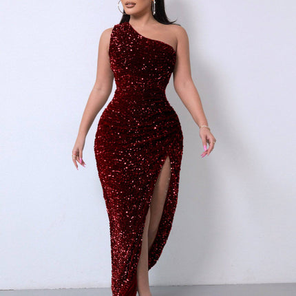 Foreign Trade Sleeveless One Shoulder Slash Neck Sequins Gorgeous Slit Women's Dress - Royalessencelux