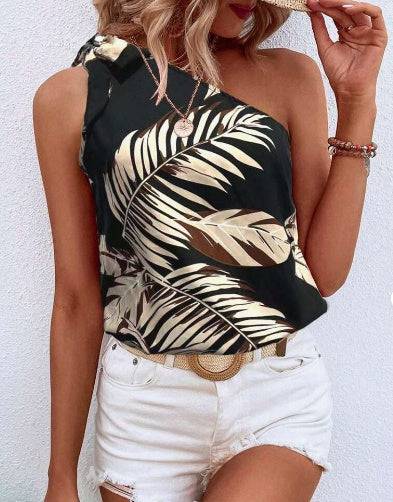 Holidaya Allover Floral Print Knot One Shoulder Blouse - Royalessencelux