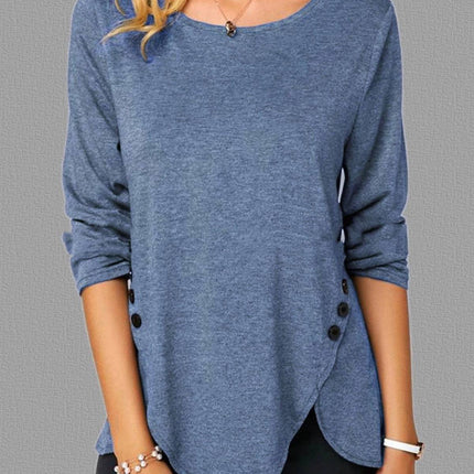 Irregular Button Hem Long Sleeved Round Neck Oversized T-shirt - Royalessencelux