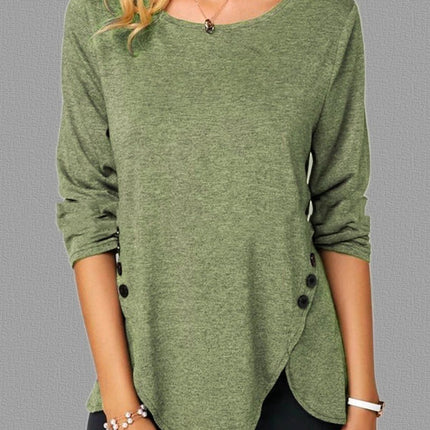 Irregular Button Hem Long Sleeved Round Neck Oversized T-shirt - Royalessencelux