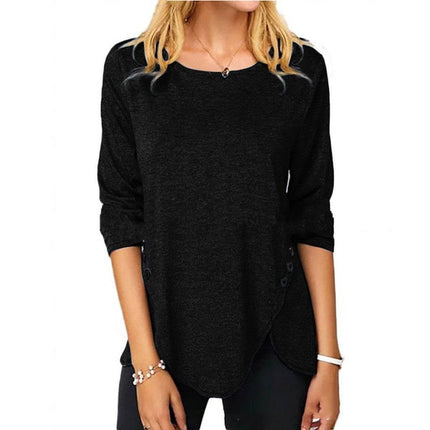 Irregular Button Hem Long Sleeved Round Neck Oversized T-shirt - Royalessencelux