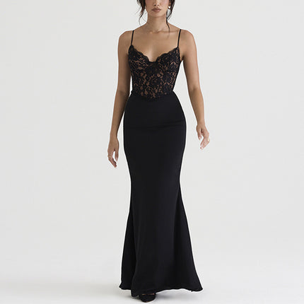 Lace High Waist Long Dress Deep V Strap Fishtail Gown - Royalessencelux