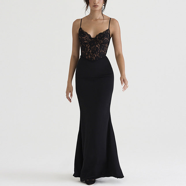 Lace High Waist Long Dress Deep V Strap Fishtail Gown - Royalessencelux