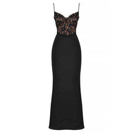 Lace High Waist Long Dress Deep V Strap Fishtail Gown - Royalessencelux