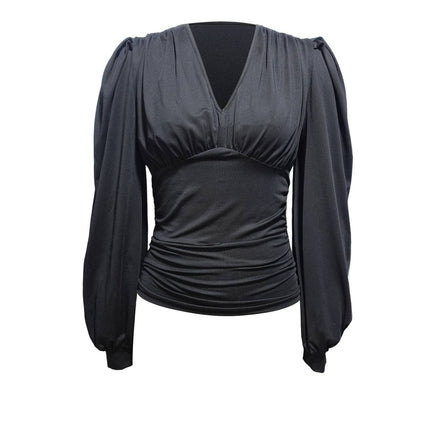Ladies' Fashionable New Style Low Head Lantern Sleeve Pleated Top Casual V-neck Shirt - Royalessencelux