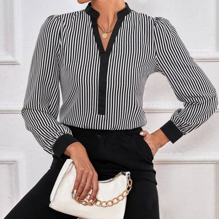 Ladies' New Striped V-neck Cuff Collar Color Block Splicing Fashion Shirt - Royalessencelux