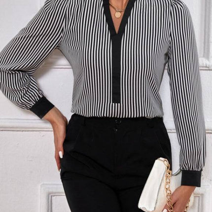 Ladies' New Striped V-neck Cuff Collar Color Block Splicing Fashion Shirt - Royalessencelux