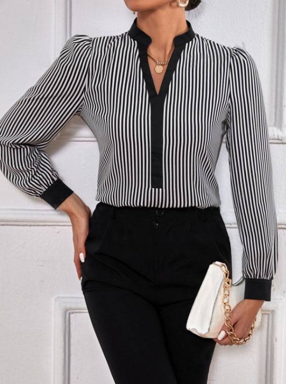 Ladies' New Striped V-neck Cuff Collar Color Block Splicing Fashion Shirt - Royalessencelux