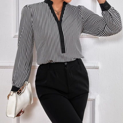 Ladies' New Striped V-neck Cuff Collar Color Block Splicing Fashion Shirt - Royalessencelux