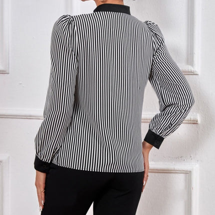 Ladies' New Striped V-neck Cuff Collar Color Block Splicing Fashion Shirt - Royalessencelux