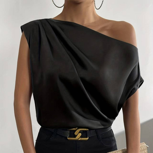 Ladies' Solid Color Asymmetrical Collar Pleated Elegant Casual Sloping Shoulder Collar Off Shoulder Top - Royalessencelux