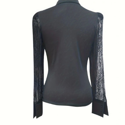 Ladies' Solid Color Mesh V-neck Casual Button Up Shirt - Royalessencelux