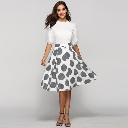 Large Polka Dot Round Slim Fit Mid-Length Skirt With Large Hem - Royalessencelux