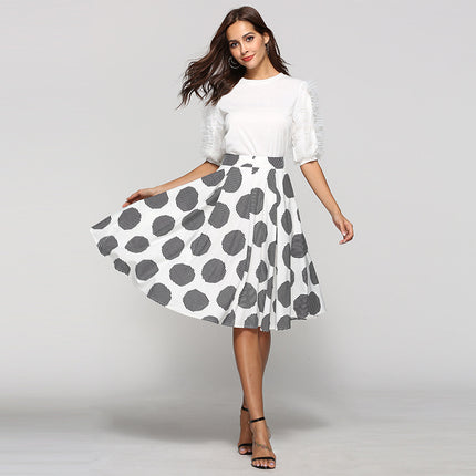 Large Polka Dot Round Slim Fit Mid-Length Skirt With Large Hem - Royalessencelux