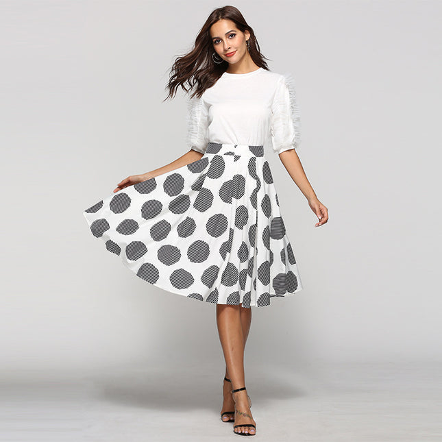 Large Polka Dot Round Slim Fit Mid-Length Skirt With Large Hem - Royalessencelux
