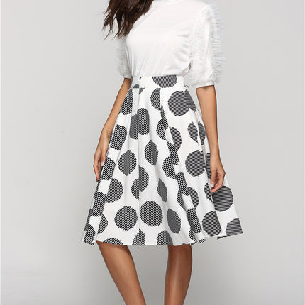 Large Polka Dot Round Slim Fit Mid-Length Skirt With Large Hem - Royalessencelux
